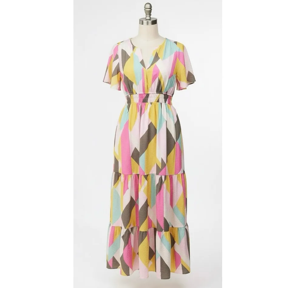 NWT Torrid 0 L 12 Giant Geo Tiered Maxi Dress Plus Pink Yellow Pockets - Image 6
