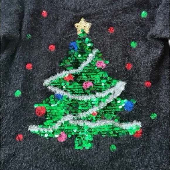 Black Christmas tree fuzzy sequin ugly sweater size medium - Image 4