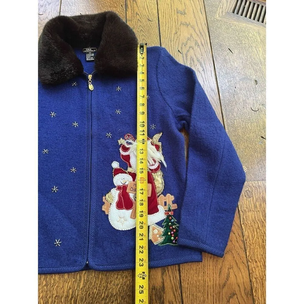 Lisa International Women’s M Blue Boiled Wool Zip Jacket w/ Santa Ugly Sweater Size M - Image 4