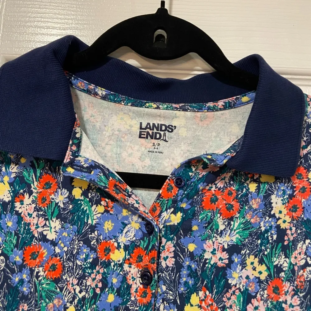 Lands End Size S Navy Blue Floral Cotton Collared Short Sleeve Polo Shirt - Image 2