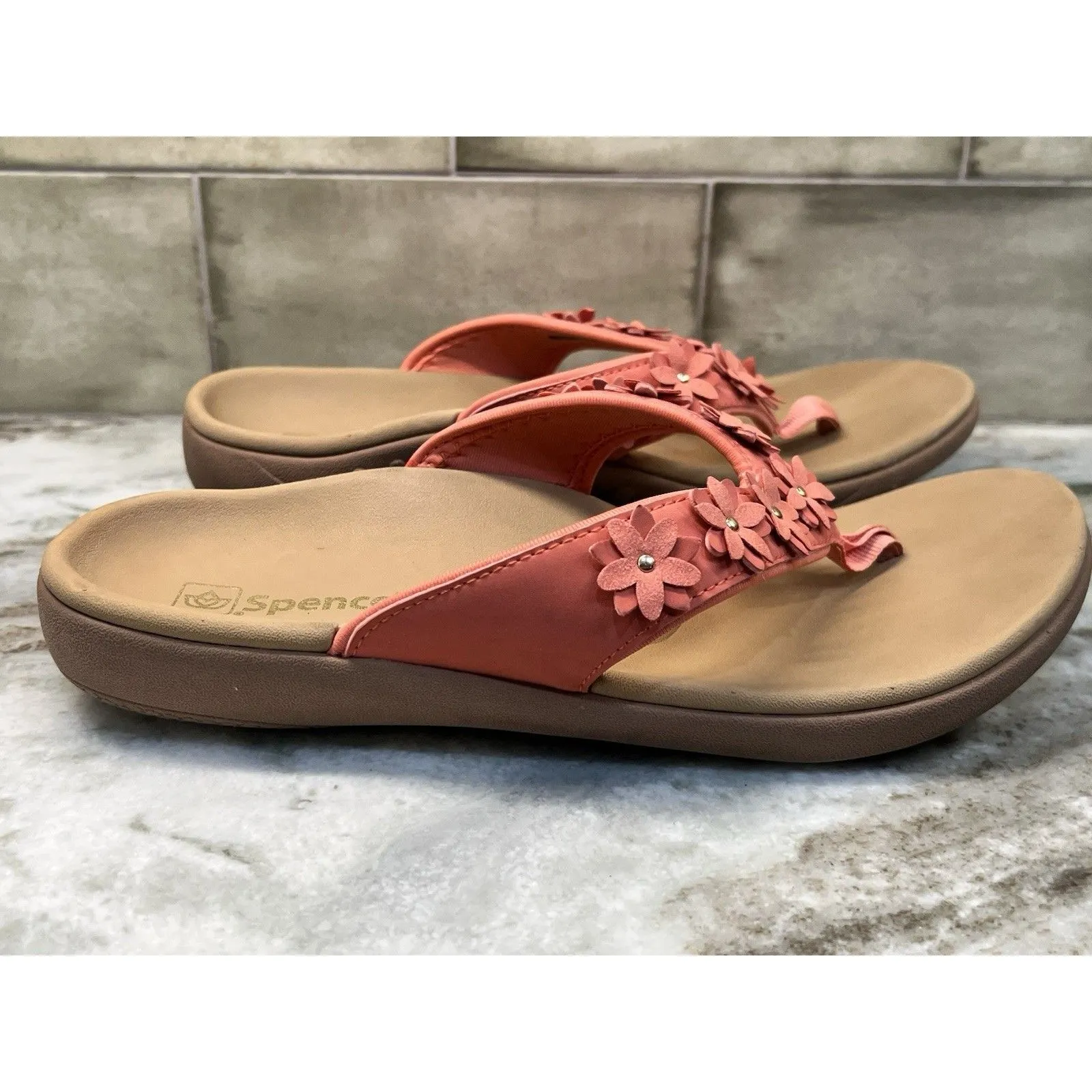 Spenco Yumi Belize Women's Orthotic Flip Flops Coral Sz 11 Sandal Flowers Comfy Pink - Image 2