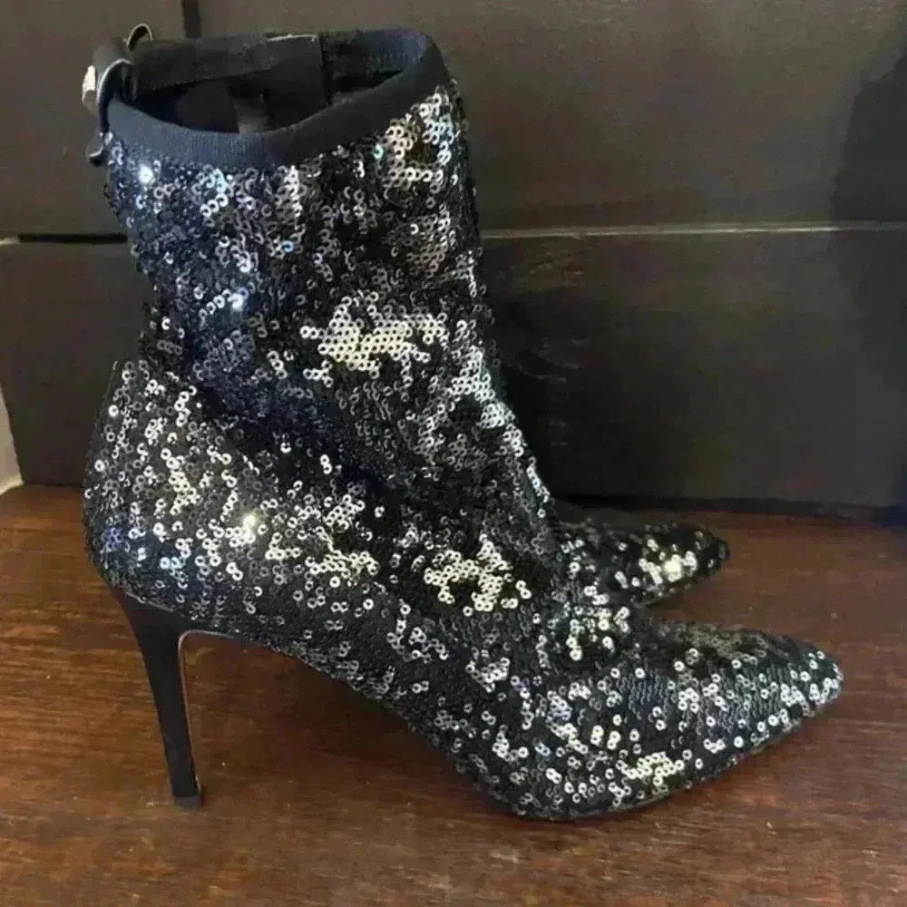 Sam Edelman  Sequined Black Pointed‎ Toe Stiletto Booties Ankle Boots Size 9.5 - Image 4