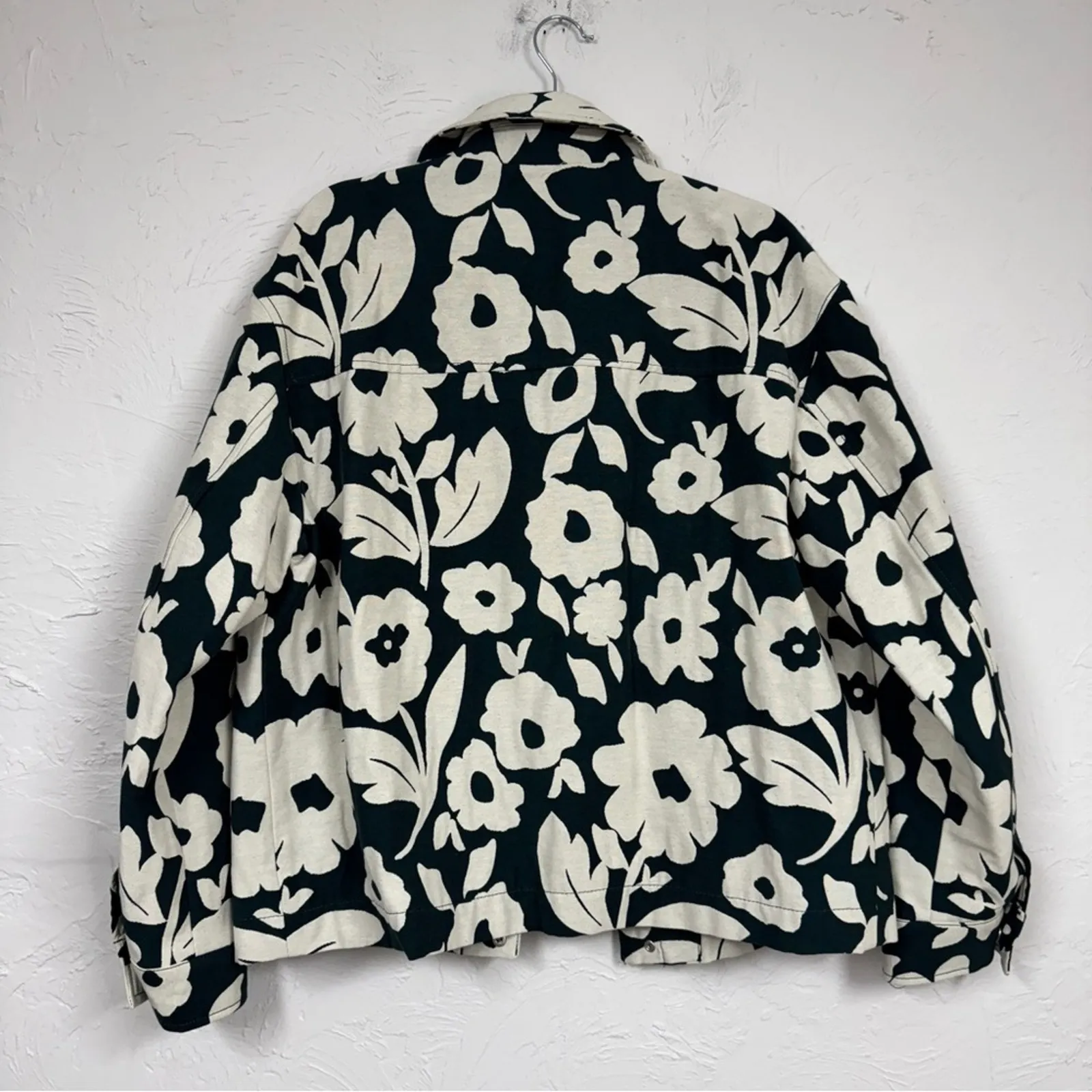 Zara Green Cream Large Floral Print Oversized Jacket Womens L Boho Boxy Fit - Image 12