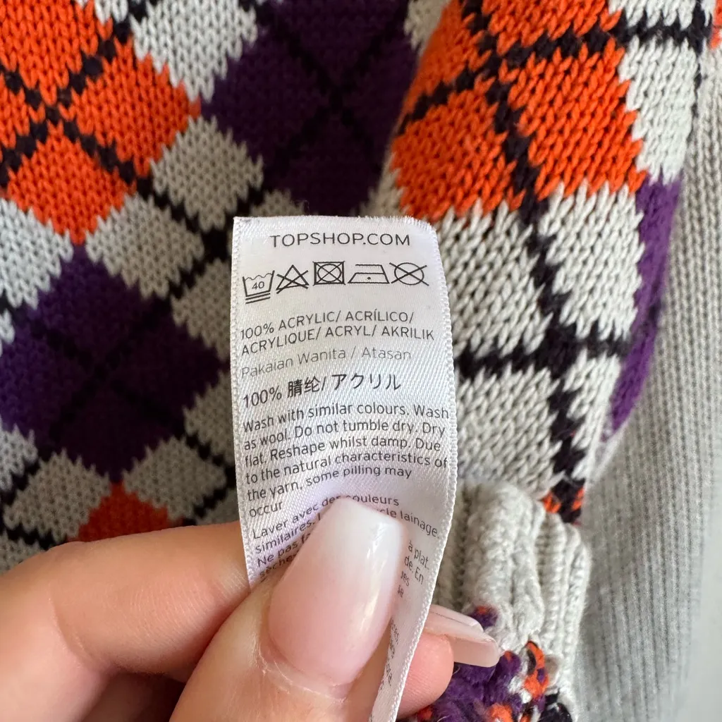 TopShop Gray Purple Orange Diamond Cropped V-Neck Sweater Womens 2 - Image 5
