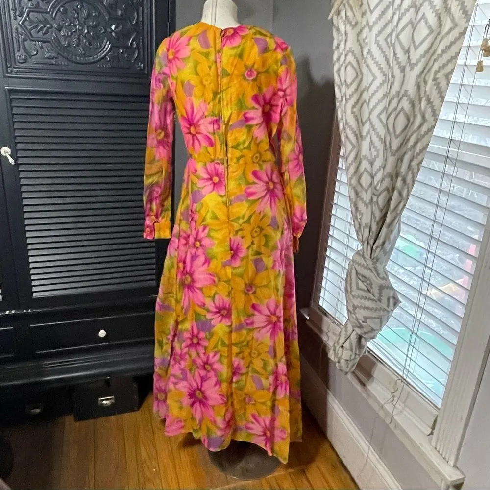 Vintage 60s 70s M Psychedelic Floral Print Boho‎ Indie Maxi Dress 14 Orange - Image 4