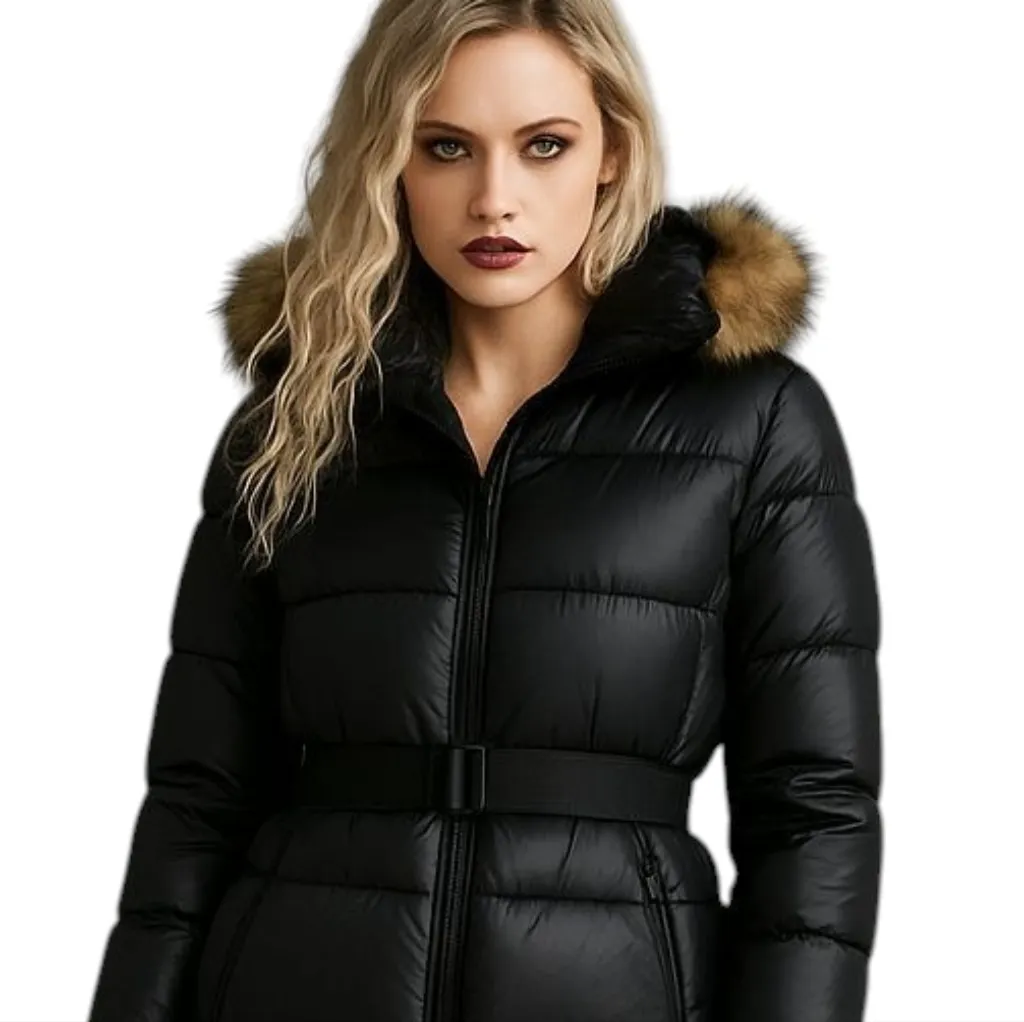 S13/NYC Chalet Belted Down Filled Puffer Detachable Fur Trim Hood EUC Small F243 Black - Image 10