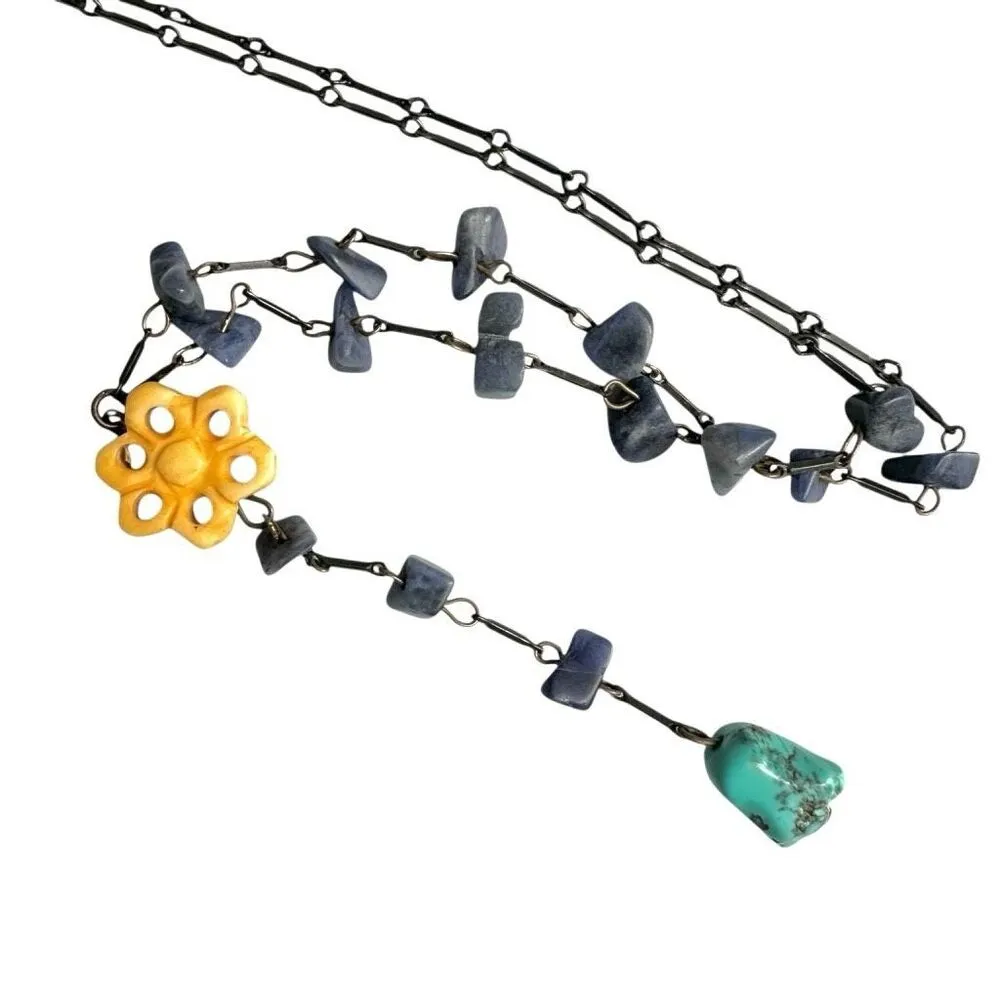 Boho Sodalite + Bone Flower Y Necklace w/ Turquoise Drop Blue - Image 6