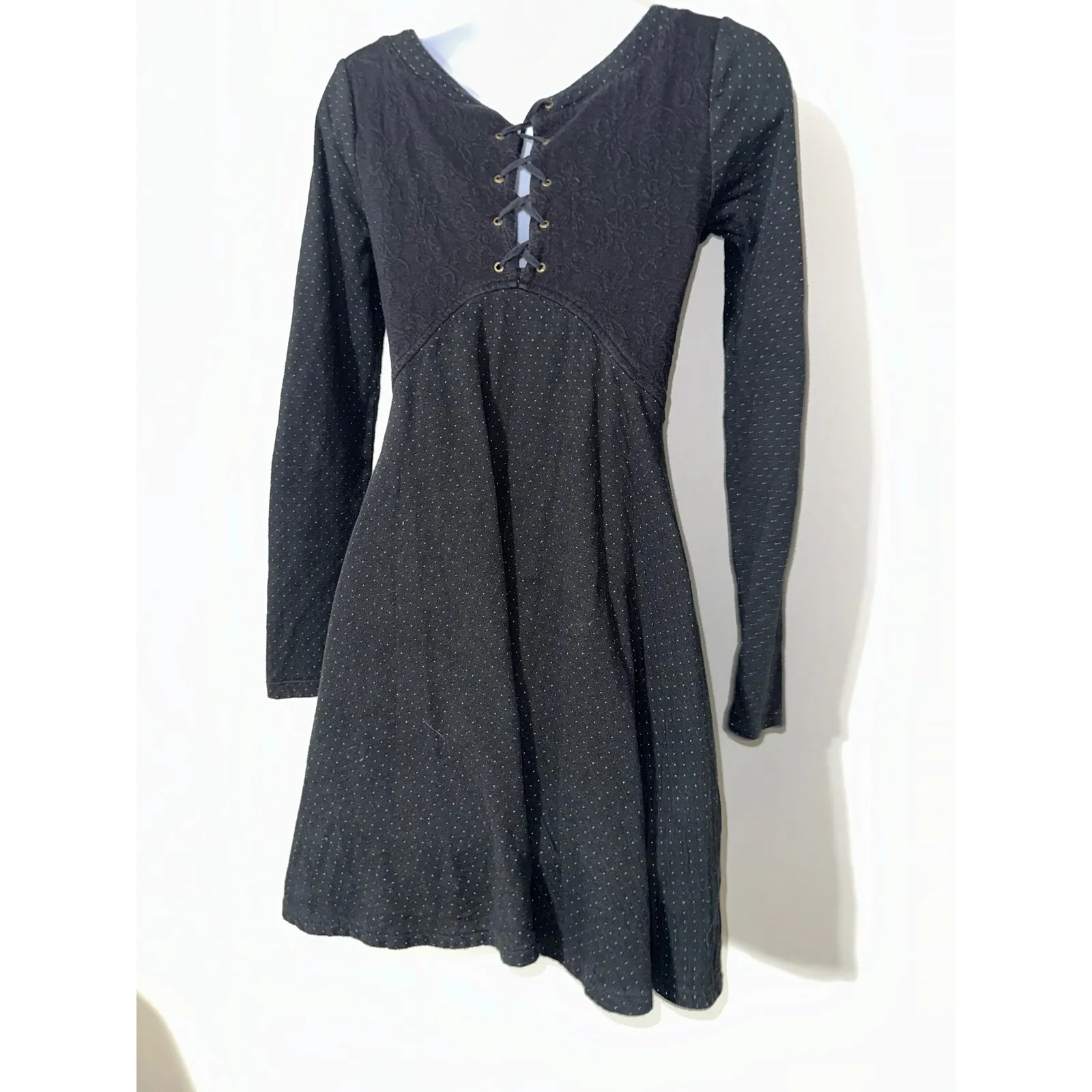Free People Black Fit‎ and Flare Long Sleeve Mini Dress Lace Up Back Size XS - Image 3