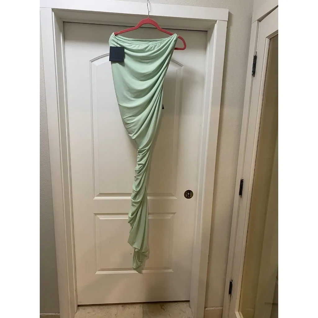 Norma Kamali Diana Dress Womens Large Mint Green Ruched Draped Asymmetric Midi - Image 5