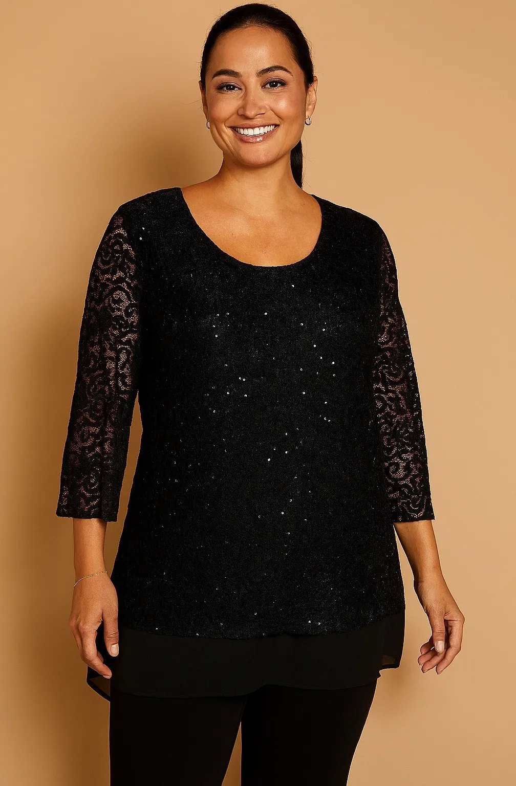 JM Collection Woman Black Lace Sequin Top Blouse Long Sleeve Plus Size 1X - Image 1