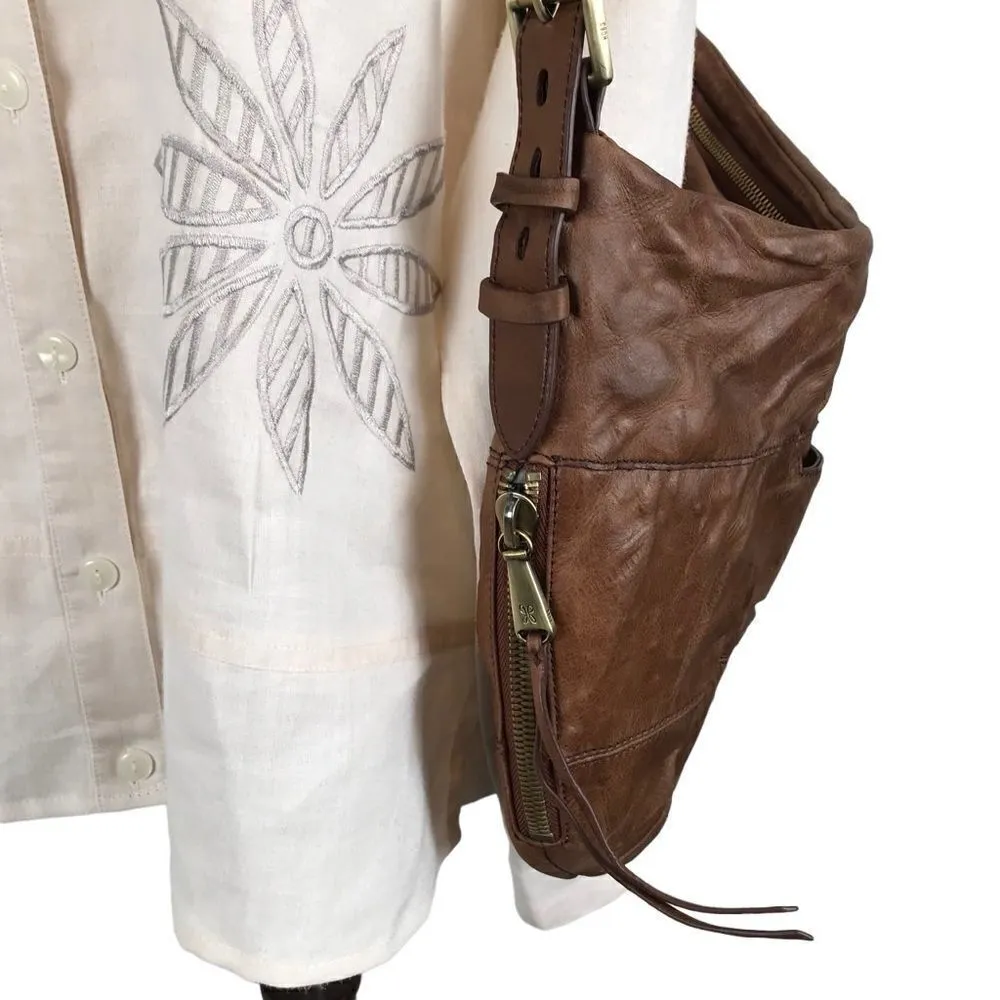 Hobo International Brand Camel Leather Shoulder Bag with Blue Floral Liner Brown - Image 12