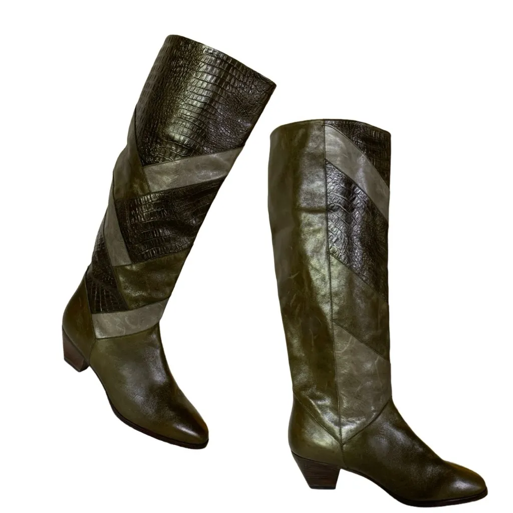 VINTAGE 1980'S HARSCH PATCHWORK LEATHER HEELED CALF HIGH BOOTS (5) Green - Image 7