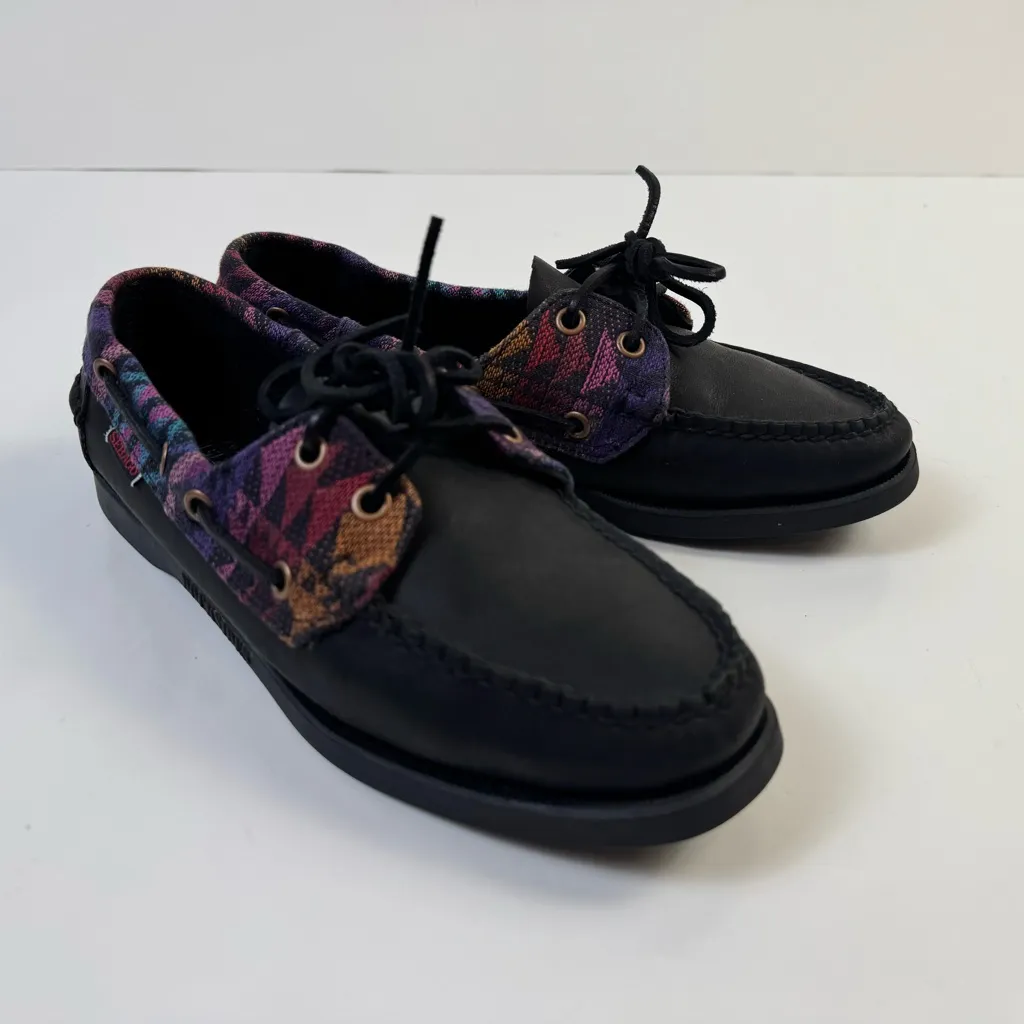 Sebago Spinnaker Black Tribal Leather Boat Shoes Size 8 Nautical Preppy Aztec - Image 11