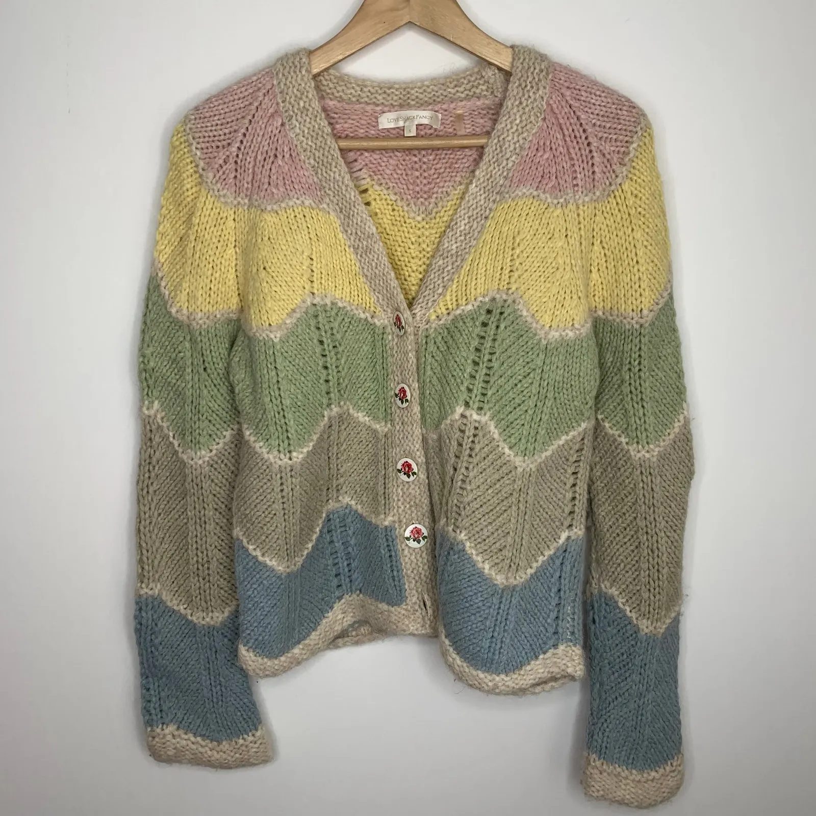 Loveshackfancy Deena Alpaca Wool Rainbow Pastel Zig Zag Cardigan Womens Small - Image 2