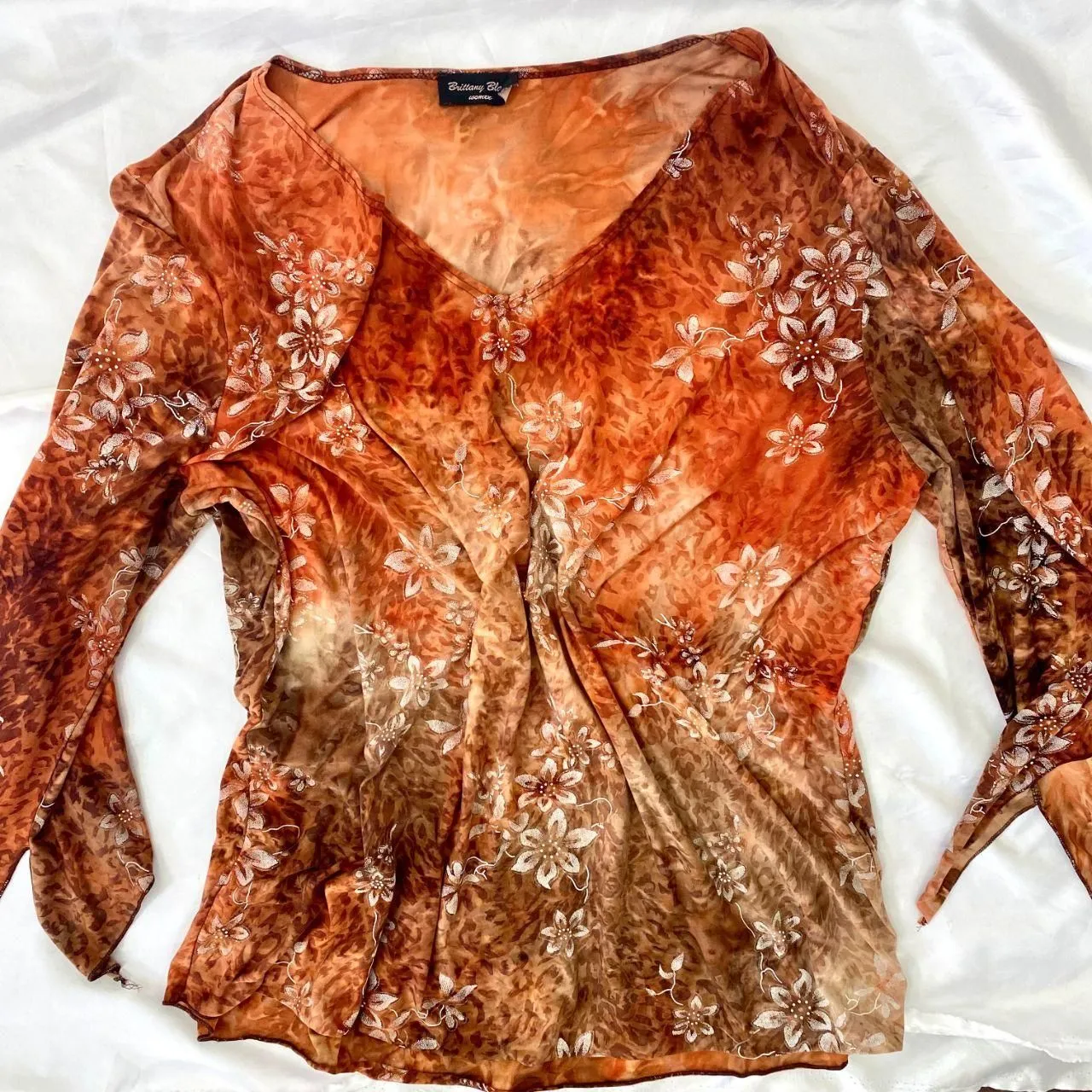 Early 2000's Burgundy Orange Floral Whimsygoth Split Flare Sleeve Top XL / XXL - Image 7
