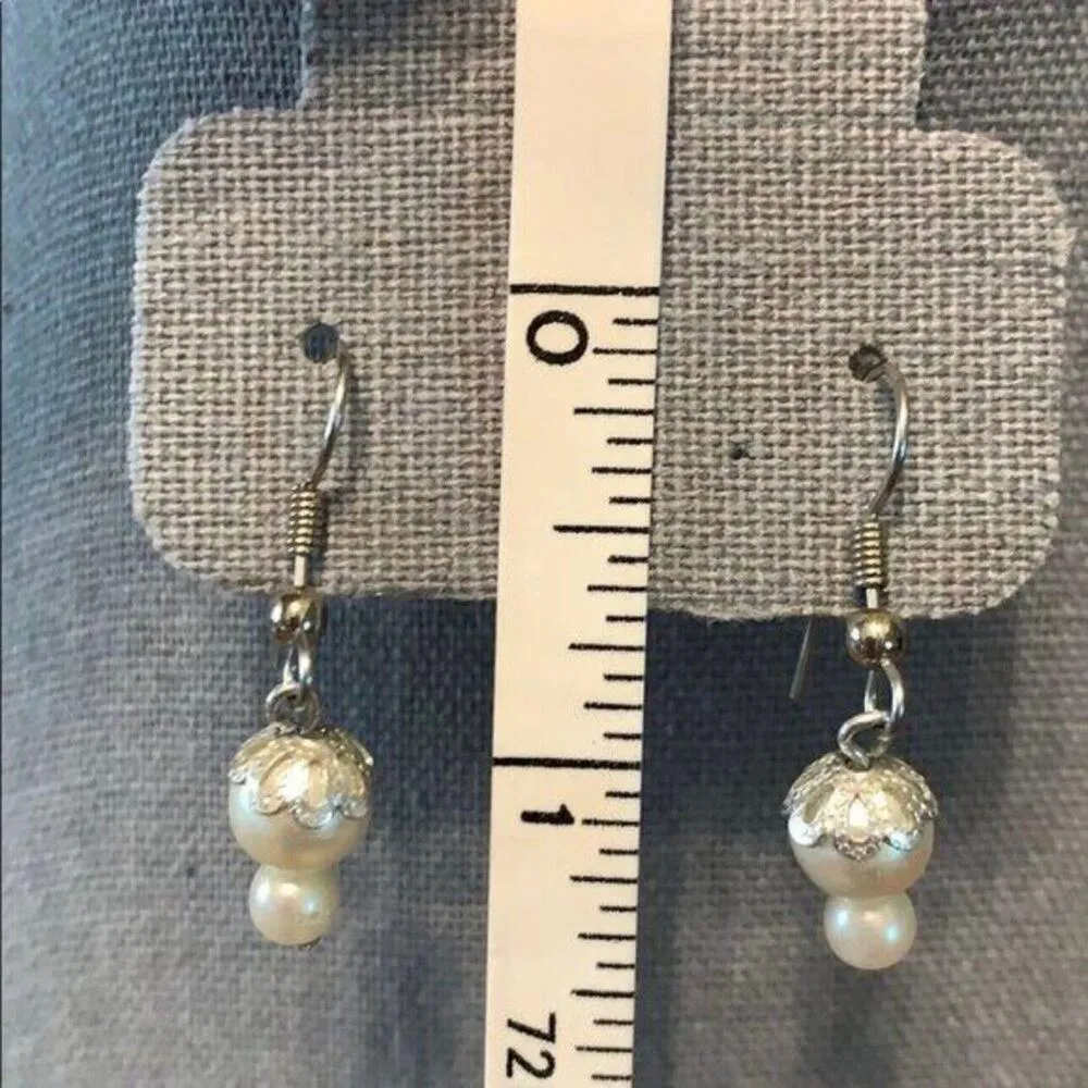 Elegant Earrings Vintage Double Pearl and Silver Dangle Fish Hook White - Image 11