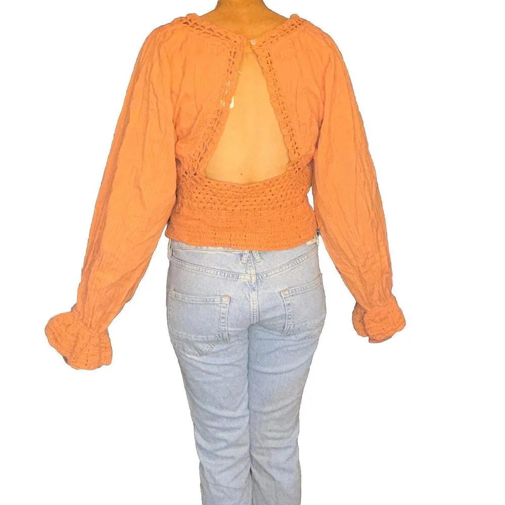 Free People Mini Crop Babydoll Peasant Boho Long Sleeve Crochet Burnt Orange Top - Image 2