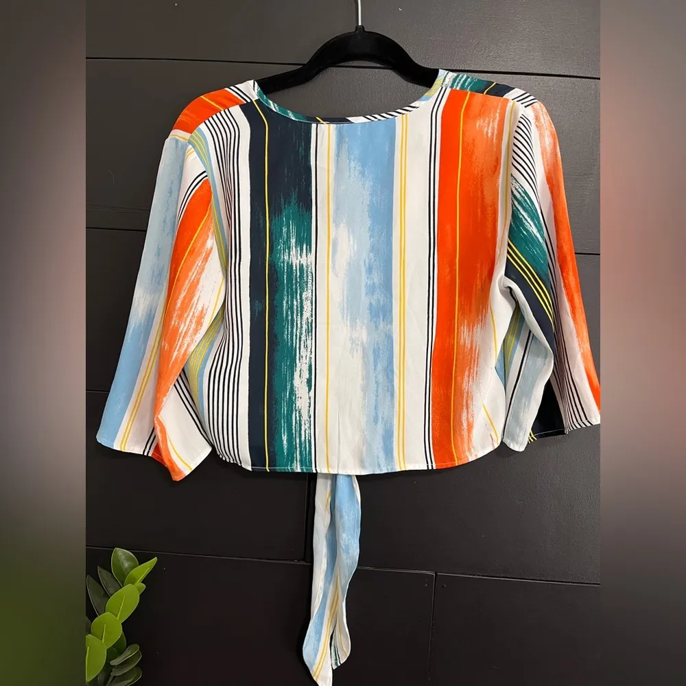 BCBGMAXAZRIA 3/4 Sleeve V-Neck Front Tie Colorful Boho Women’s Blouse Sz S EUC - Image 5