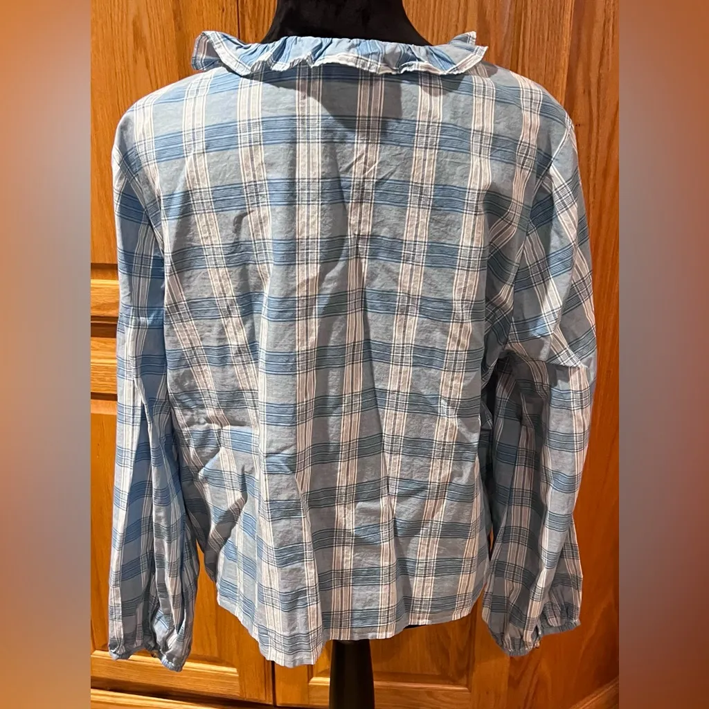 Madewell Ruffle-Neck Colwell Plaid Cotton Top in Ashby Plaid Ocean Wave Size XXL - Image 12