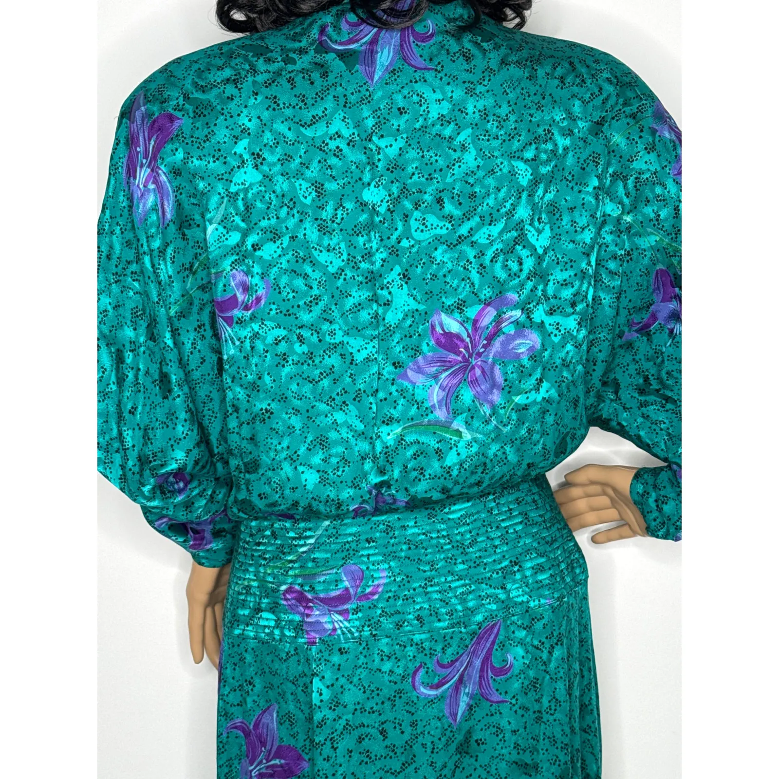 Vintage Maggy London by Jeannene Booher 80s Teal Silk Floral Midi Dress medium - Image 7