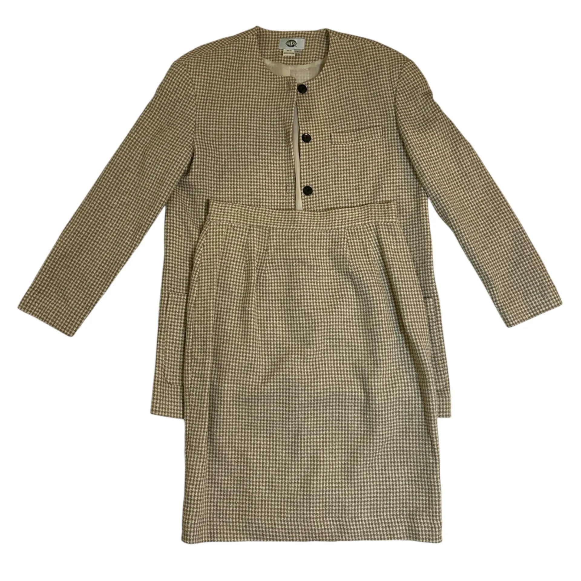 Vintage 90s Silks 100% Silk Houndstooth Blazer Skirt Suit Set Brown Beige Medium - Image 2