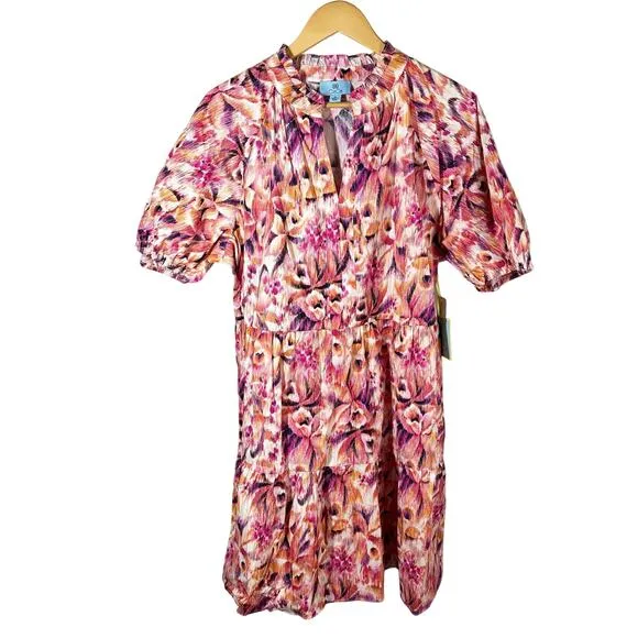 Cece Tiered Floral Short Babydoll Dress Pink Puff Sleeve Party Size XL - Image 2