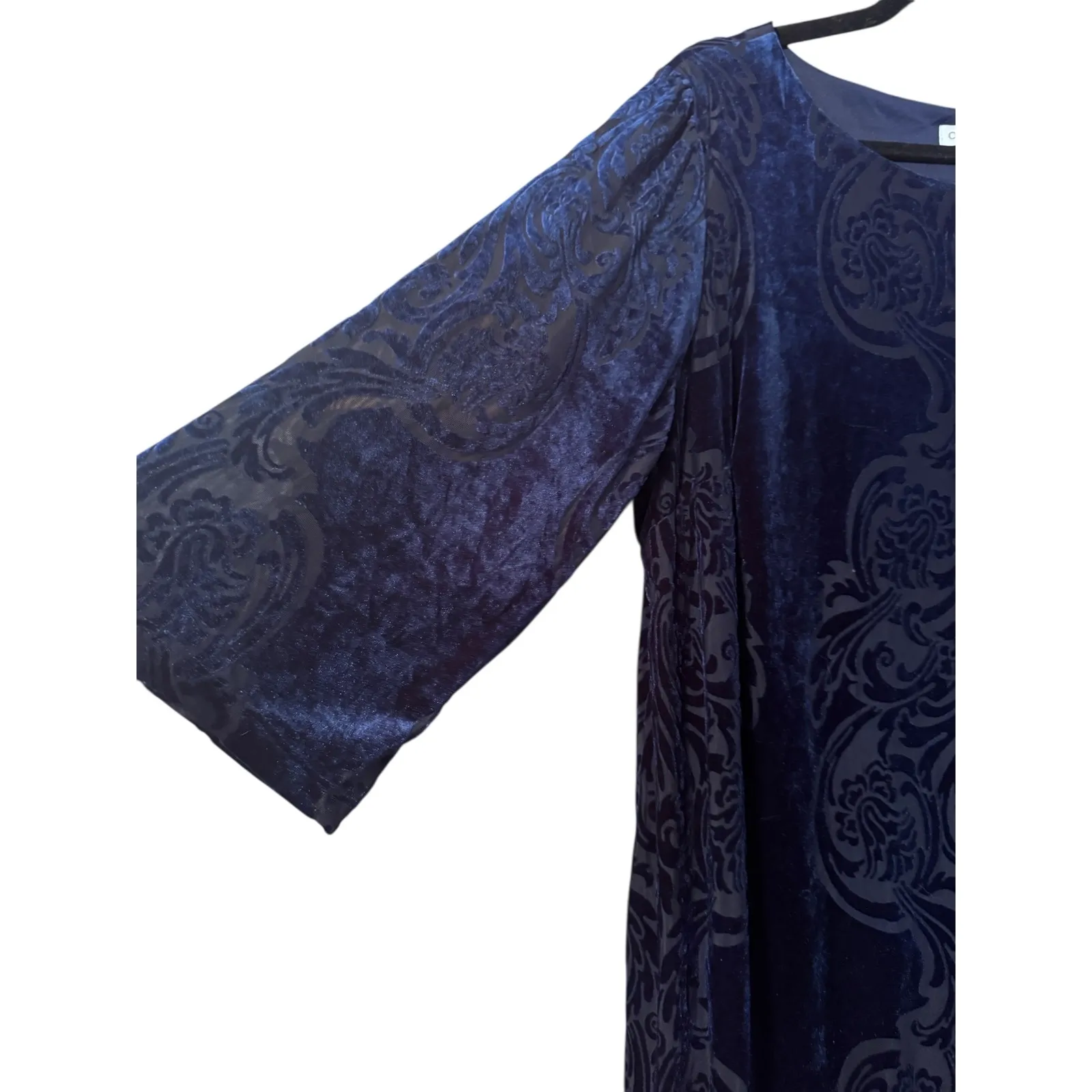 Coldwater Creek Navy Blue Velvet Burnout Damask Print 3/4 Sleeve Dress Size 2X - Image 3