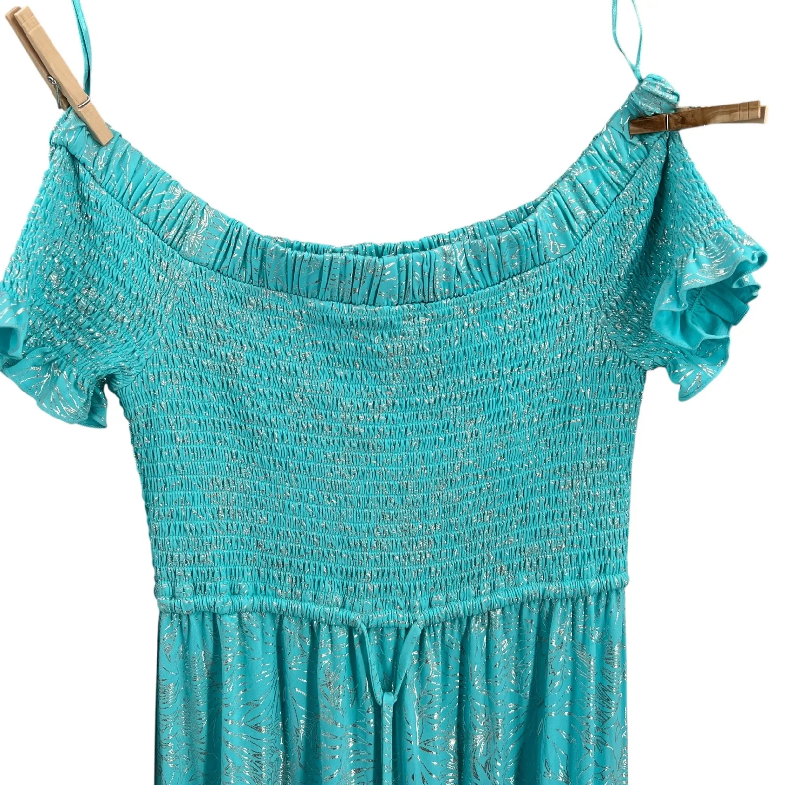 Michael Kors Off-Shoulder Smocked Dress Blue Metallic Midi Small New - Image 2