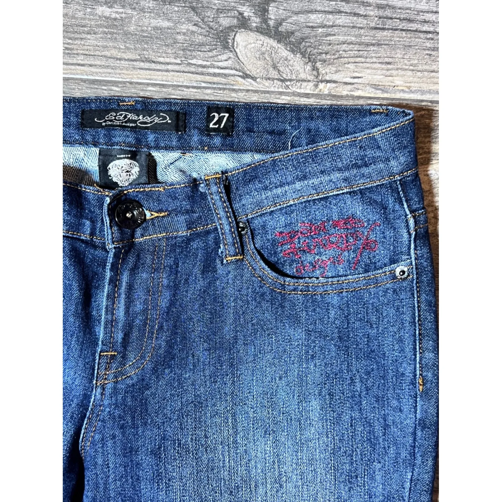 Vintage Ed Hardy Jeans SZ 27 Rhinestone‎ Skull Rose Embellished Denim Grunge Y2K - Image 7