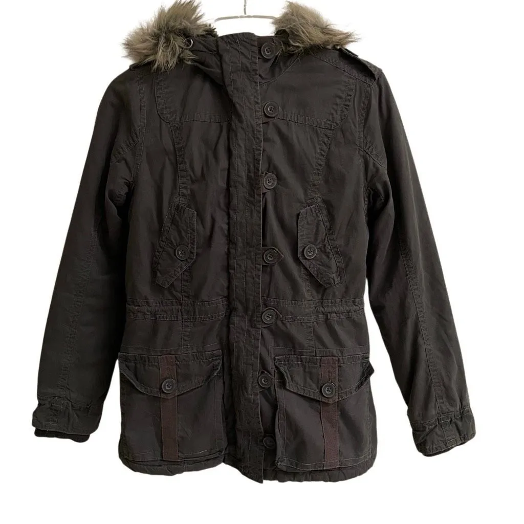 Aeropostale Y2K Utility Jacket Womens S Faux Fur Lined Hood Military Bomber Gray - Image 2