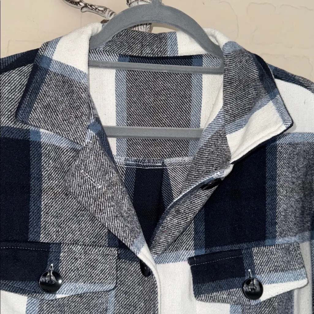 Plaid shacket long sleeve polyester warm button down fall vibes soft jacket Blue Size L - Image 2