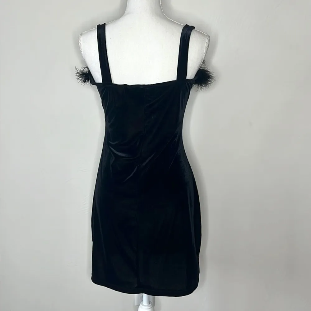 90s Vintage Velvet Feather Dress Black Size M - Image 4