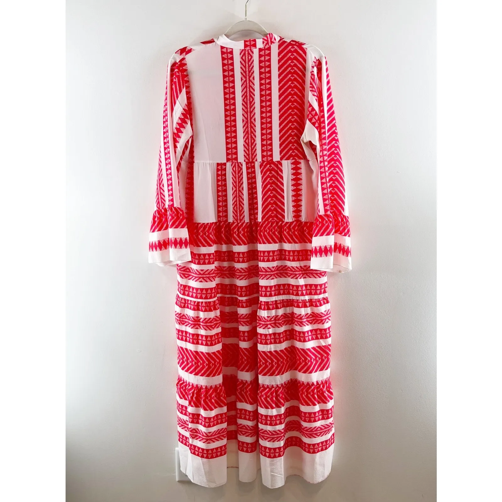 Silk & Salt V Neck Aztec Long Sleeve Midi Dress Red White Medium - Image 9