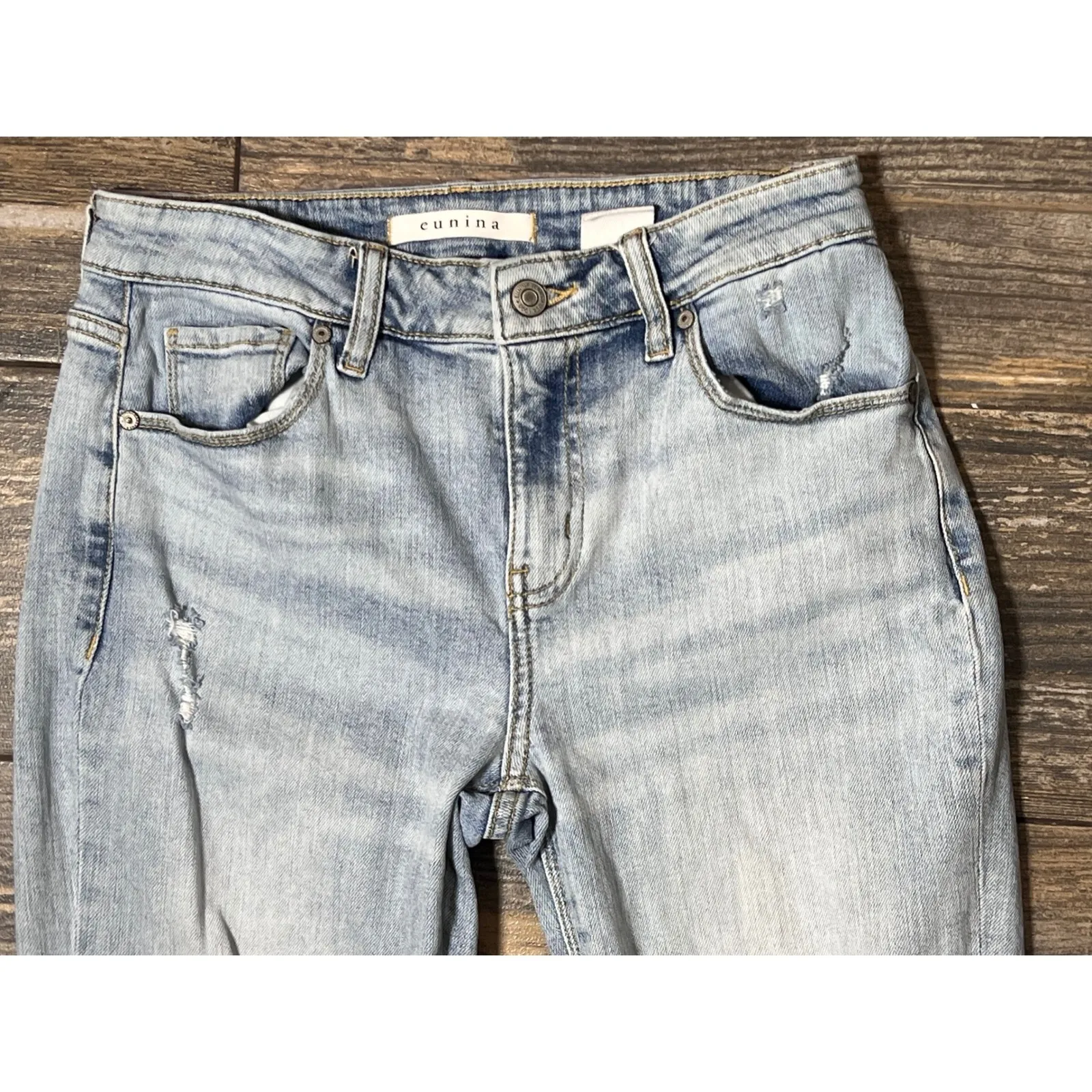 Eunina Frankie Mid Rise Girlfriend Jeans Light Wash Distressed Size 1 Ripped - Image 2