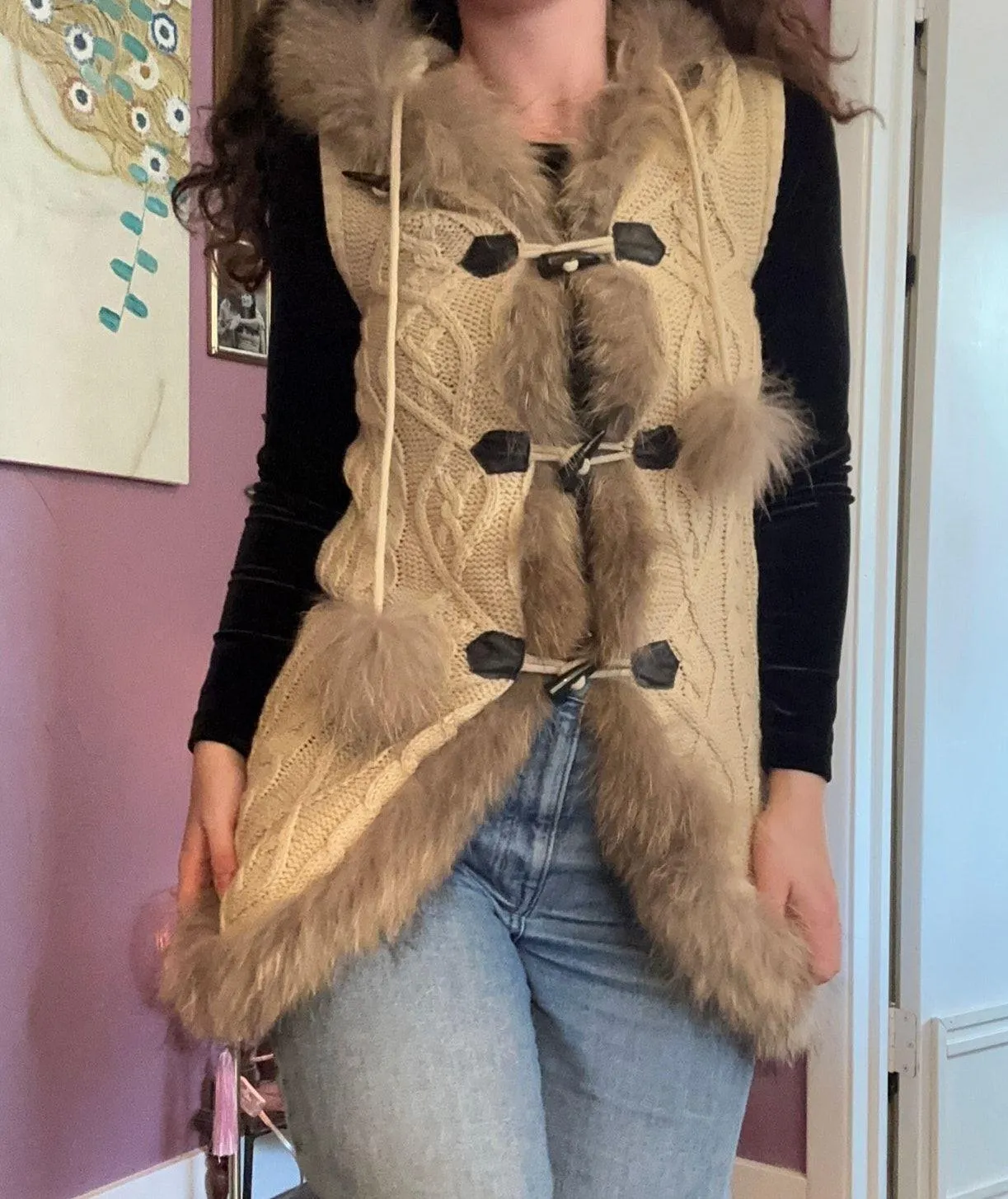 Fur Trim Linda Richards Luxury Beige Womens Collar Cable Knit Sweater Vest Sz XS Tan - Image 4