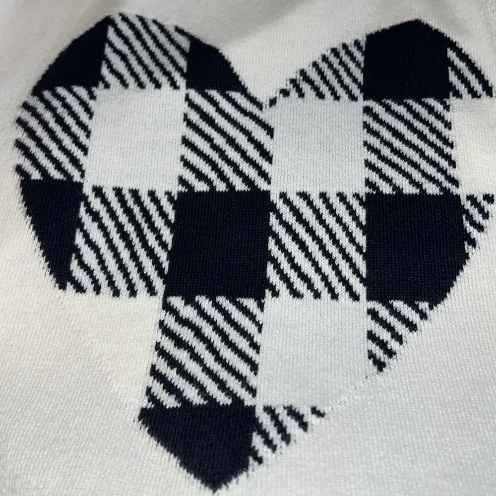 TALBOTS women’s medium mock neck sweater gingham heart ivory navy blue pullover - Image 9