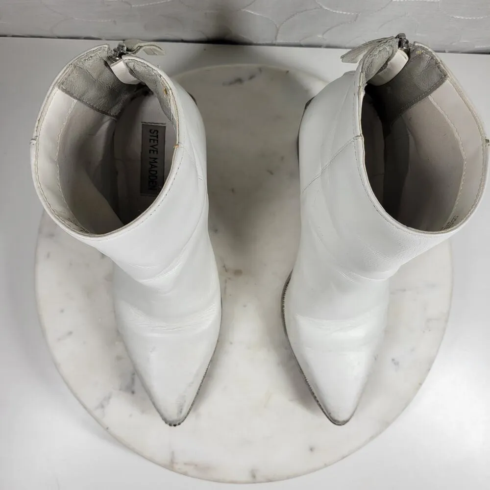 VTG Steve Madden Olga Boots Womens 7.5 White Leather Block Heel Ankle Booties - Image 7