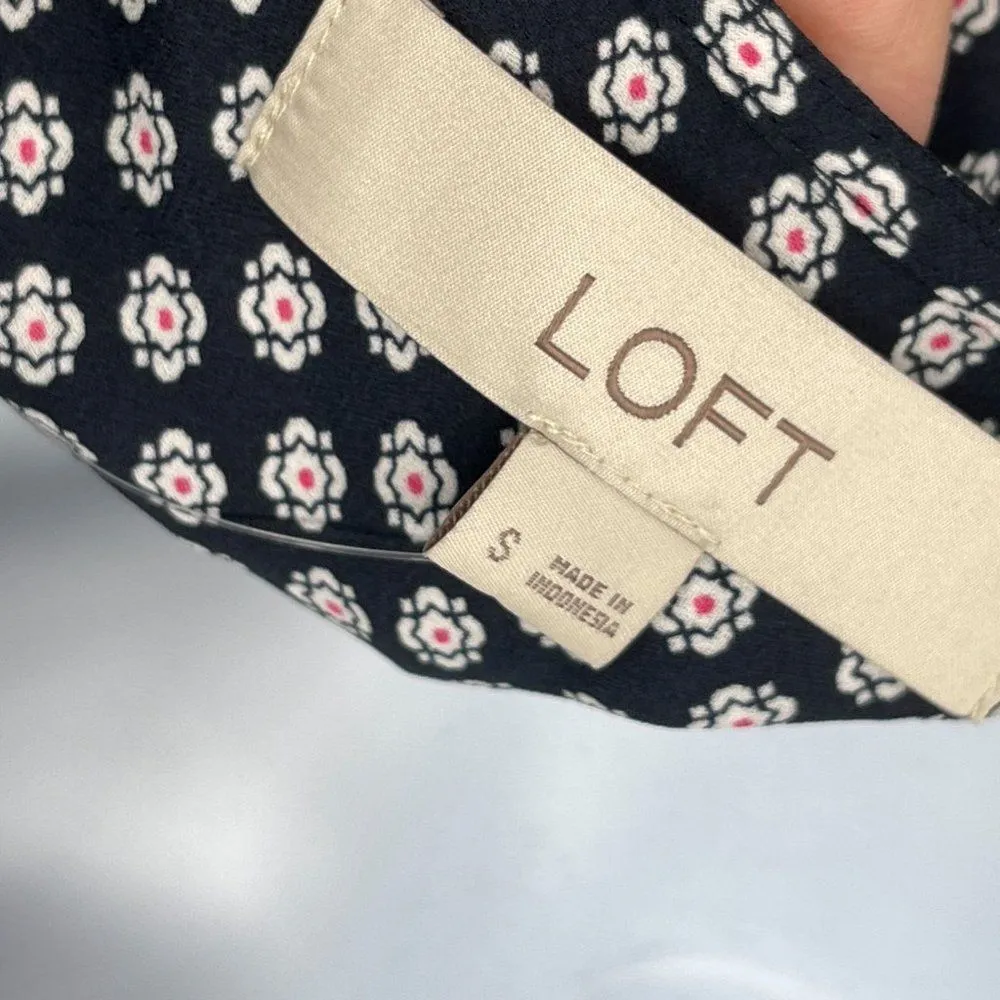 LOFT Foulard Bloom Smocked Trim Printed Flowy V-Neck Blouse Top Shirt Small - Image 8