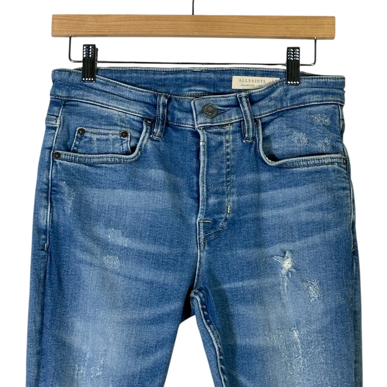 AllSaints Cigarette Jeans Womens 28 Medium Wash Low Rise Distressed Slim Grunge Blue - Image 2