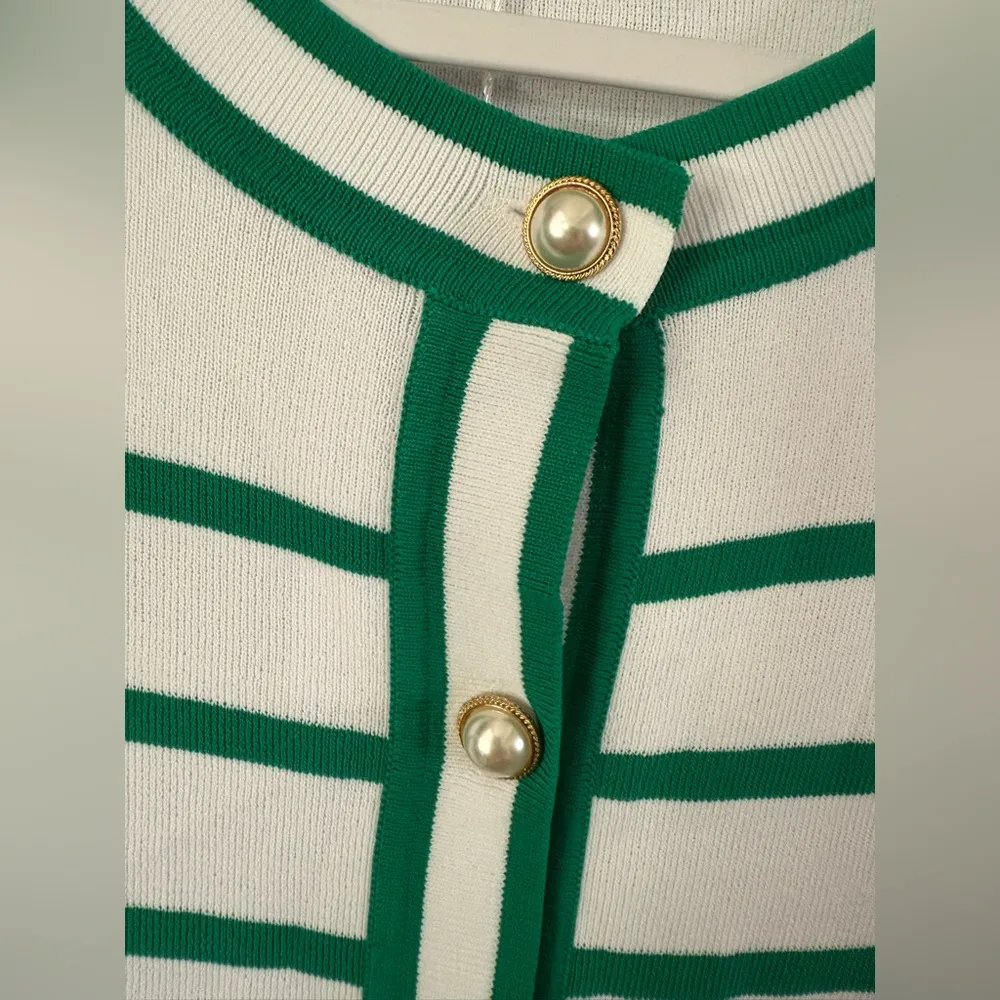 Pretty Garden Striped Short Sleeve Cardigan Sweater Green White Pearl Buttons L Size L - Image 6