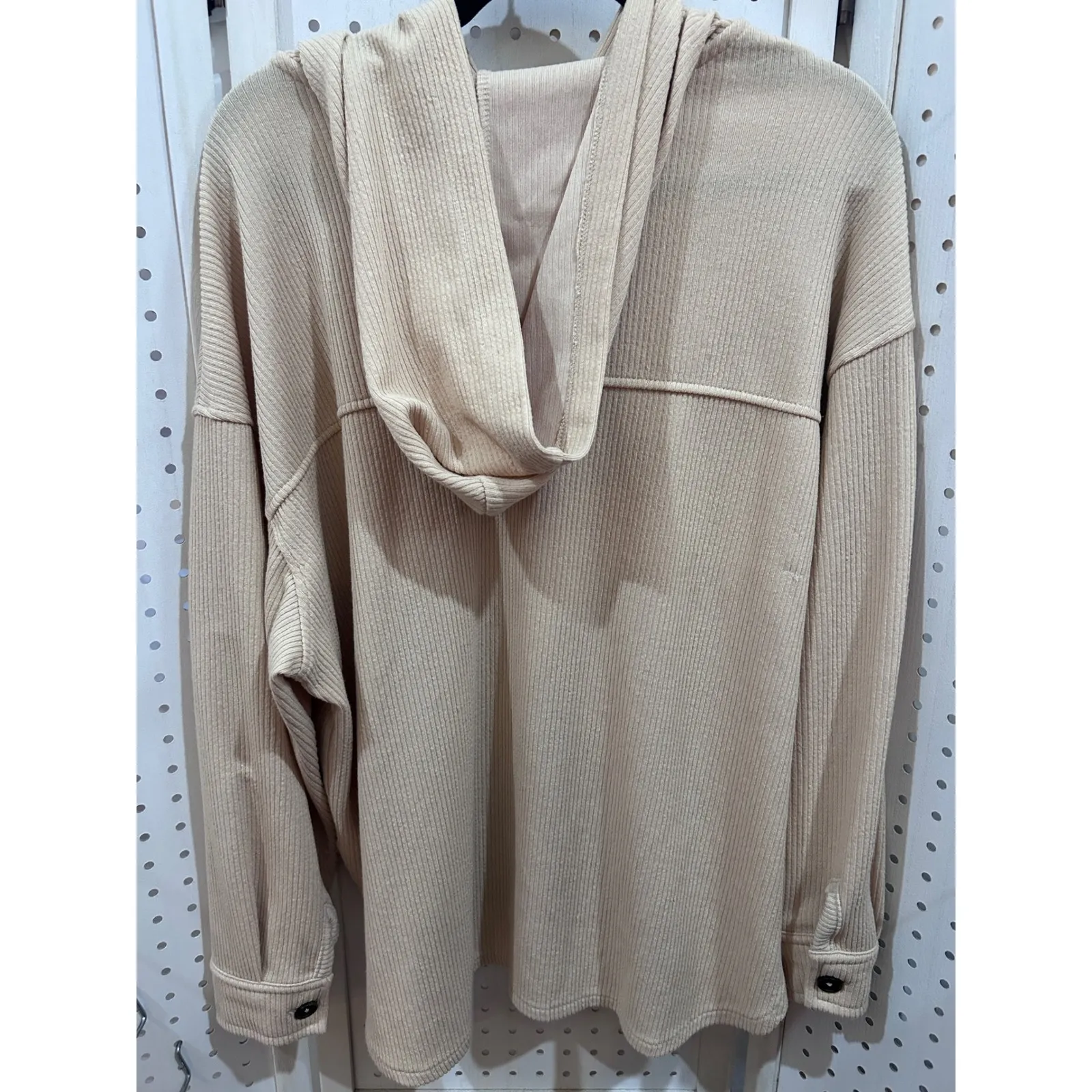 Time and Tru Womens Beige Ribbed Button Up Hoodie Shirt Jacket Size L Shacket Tan Size L - Image 5