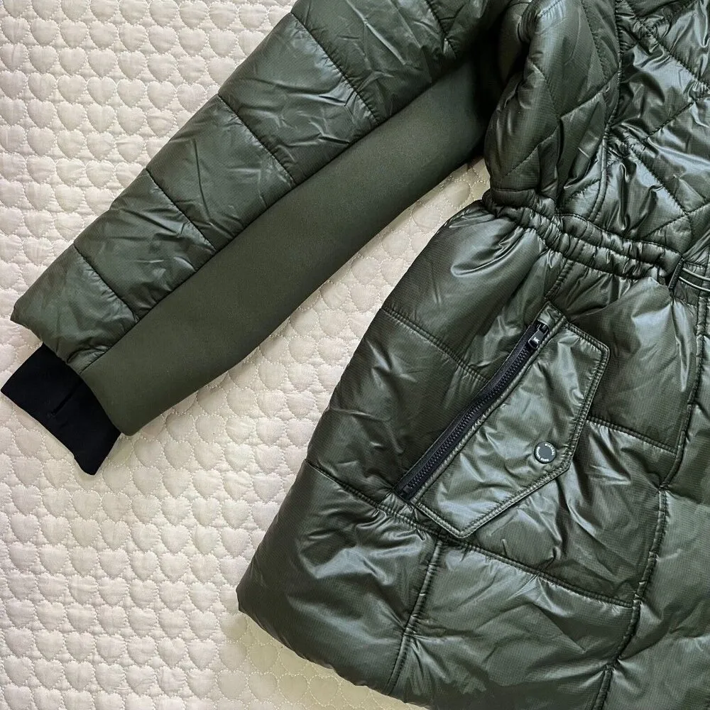 NWT Michael Kors Quilted Women Long Puffer Coat w/ Fur Hoodie Olive Size 1X - Image 4