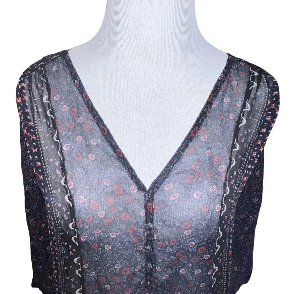 JOIE FLORAL SILK SHEER BLOUSE ROLL TAB SLEEVES BLUE Style J058-23088 Women‎ XS - Image 2