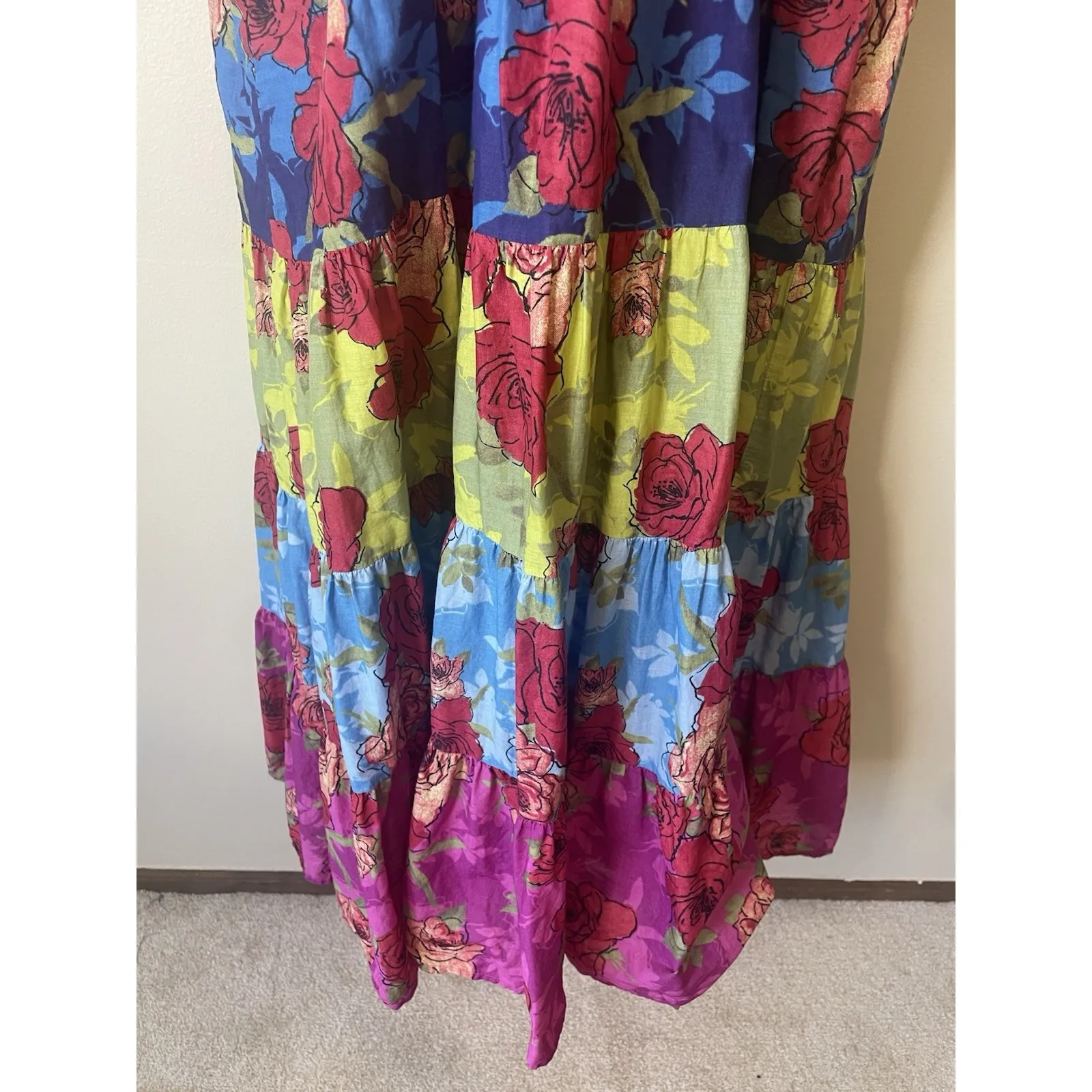 WOMAN WITHIN Midi Dress‎ Patchwork Sleeveless Floral Tiered Pockets Cotton 22W Blue - Image 4