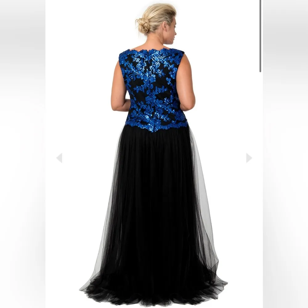 TADASHI SHOJI Tulle and Embroidered Lace Ball Gown in Sapphire Blue Black Size 4 - Image 2