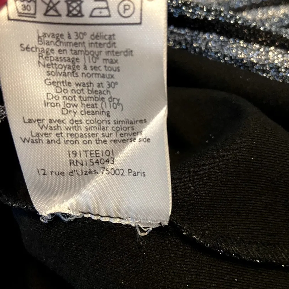 Sezane Classic Fit Shirt Short Sleeve Keyhole Cut Out Striped Sparkly Black S - Image 5