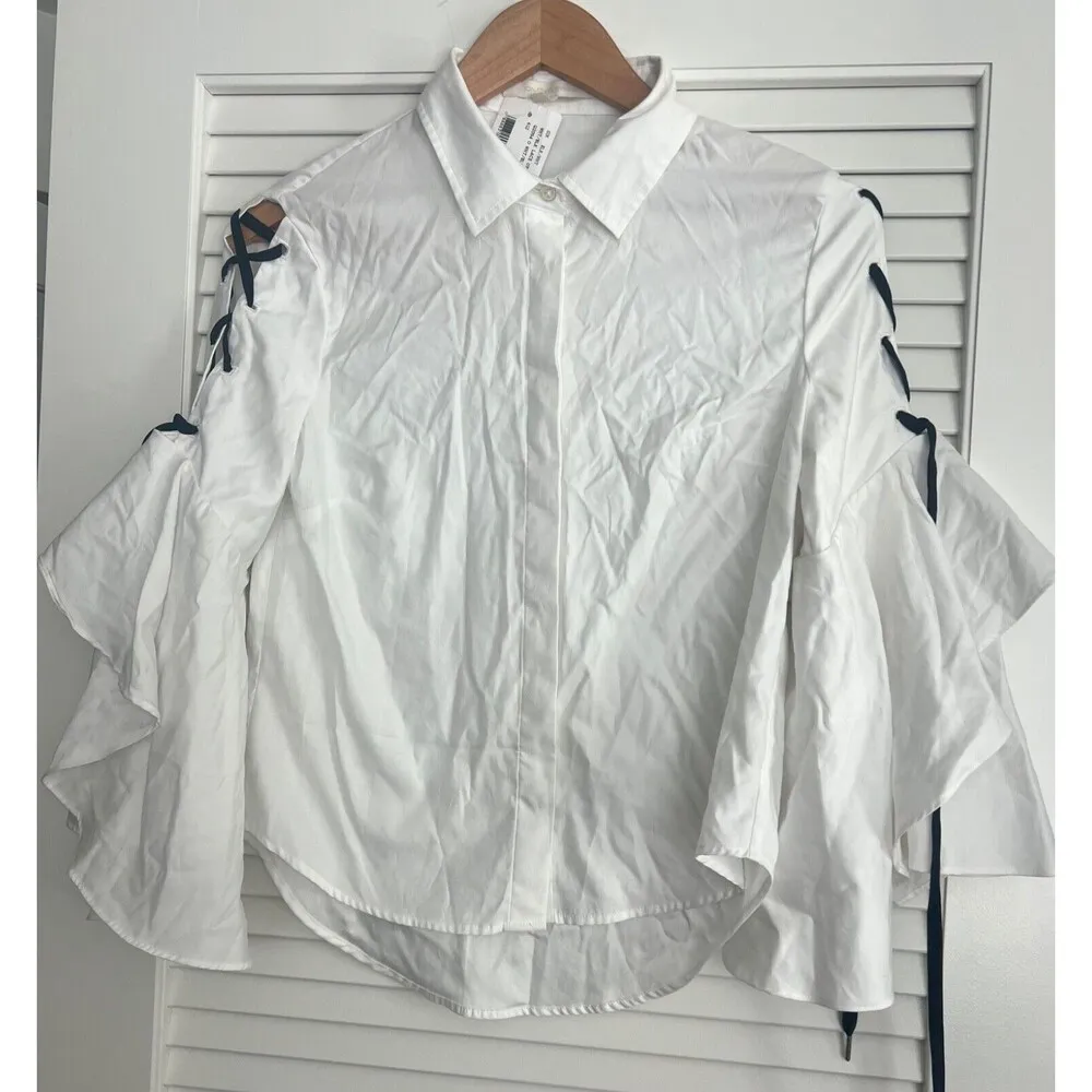 JONATHAN SIMKHAI White Lace Up Bell Sleeve Tier Polin Shirt S Business Office - Image 3