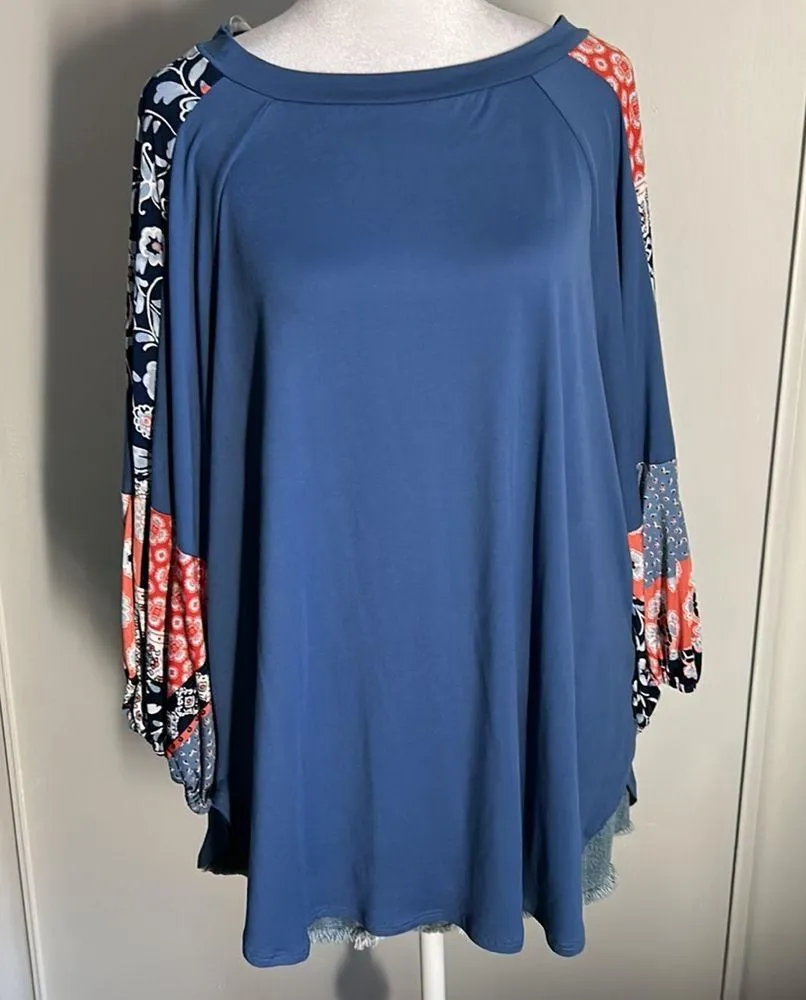 New Boho Balloon Sleeve Color Block Patchwork Jersey Knit Top Long Sleeve Blouse Blue Size L - Image 11