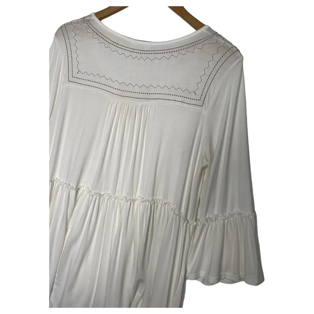 POL Dress Womens M Tiered Mini Embroidered Flutter Sleeve Keyhole Tie Neck Cream - Image 12