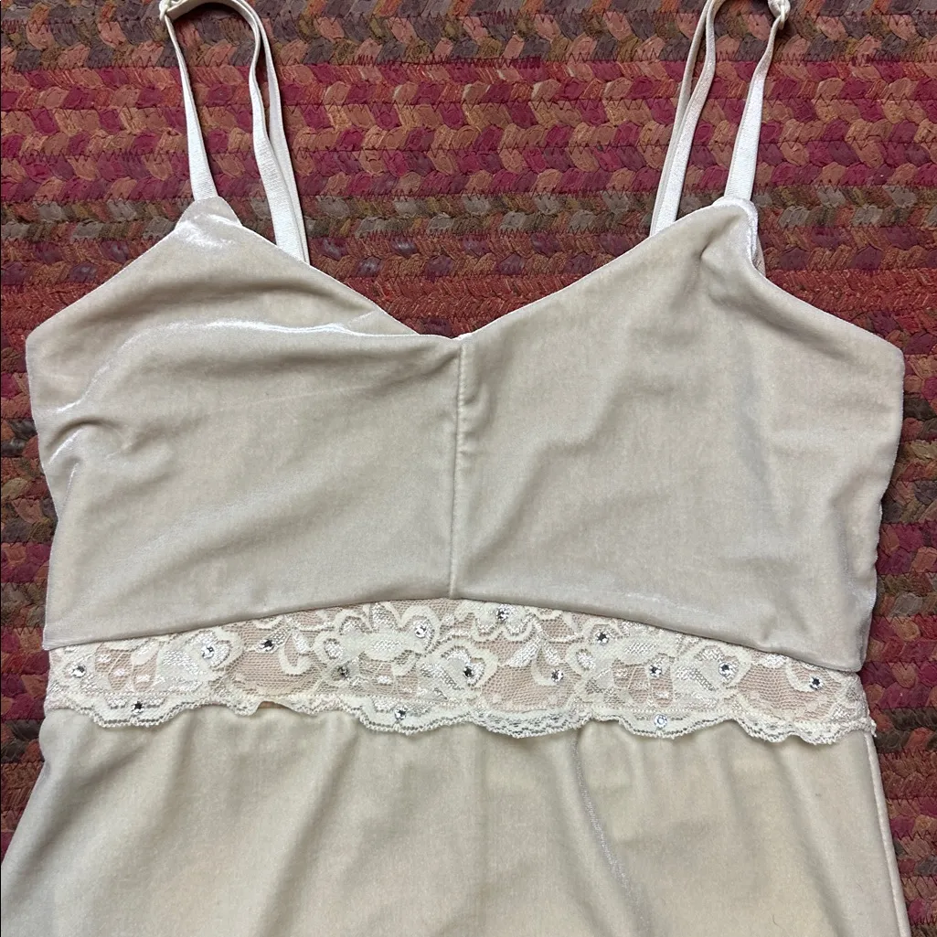 BALERA DANCE WEAR CREAM RHINESTONE VELVET LACE DRESS BUILT IN LINER Size M - Image 3